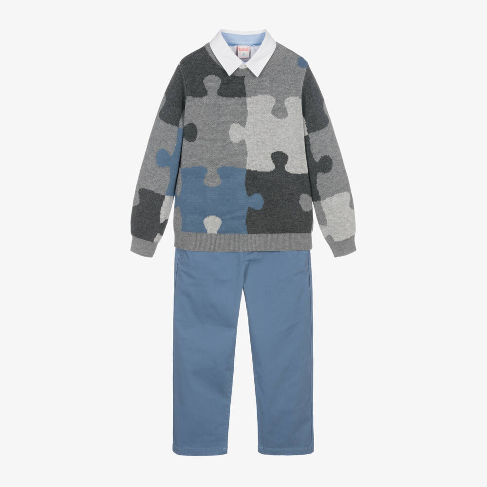 Boboli-Boys Grey & Blue Jigsaw Trouser Set | Childrensalon Outlet