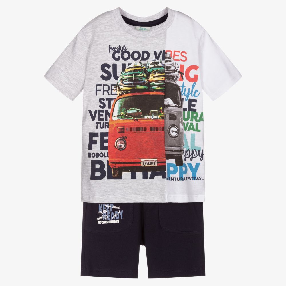 Boboli-Boys Grey & Blue Shorts Set  | Childrensalon Outlet