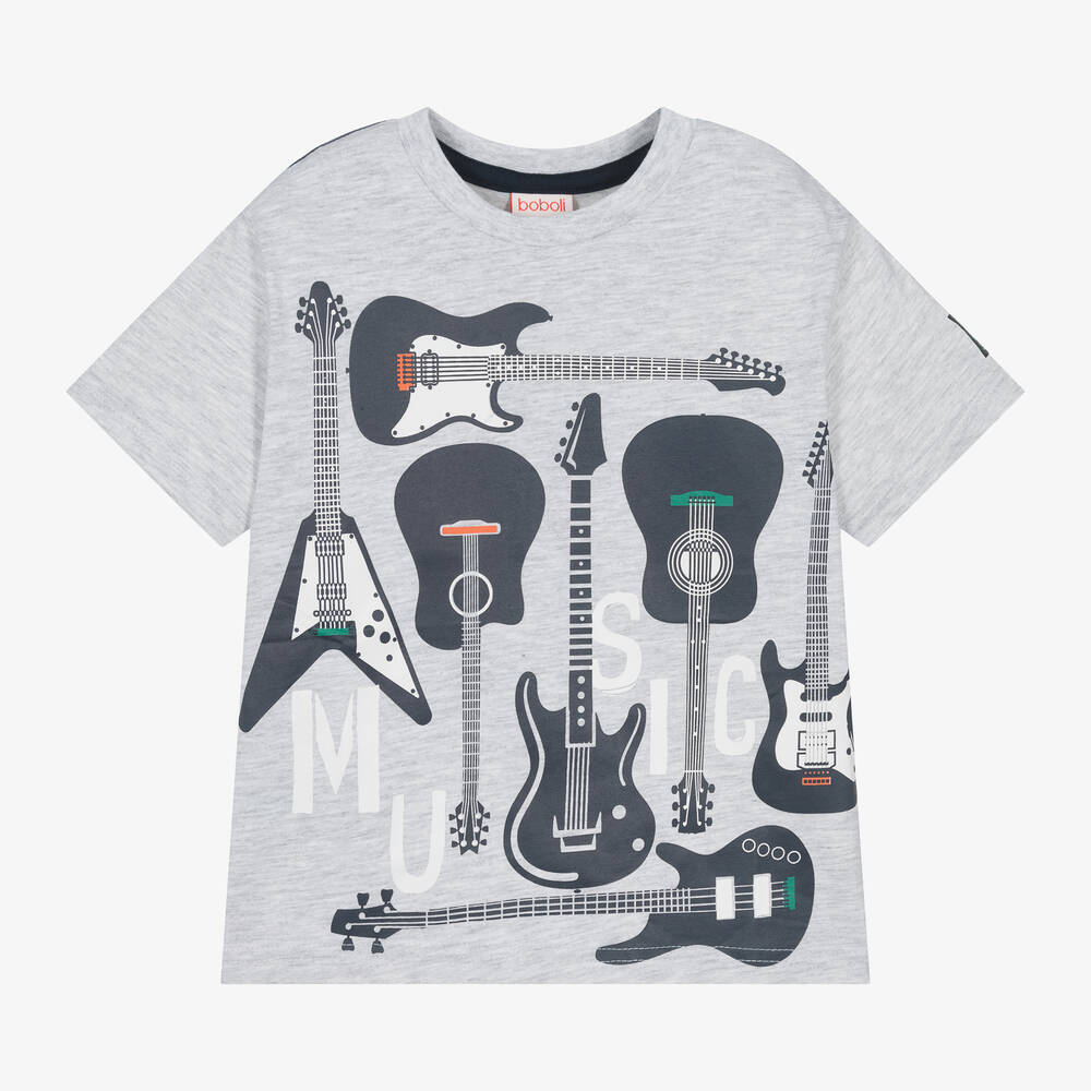 Boboli-Boys Grey Cotton Guitars T-Shirt | Childrensalon Outlet