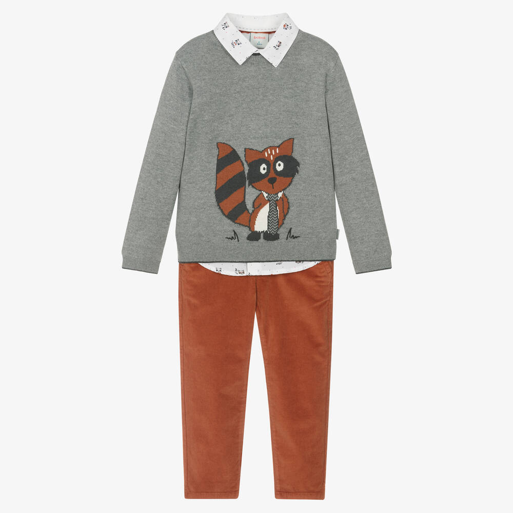 Boboli - Boys Grey & Orange Racoon Trouser Set | Childrensalon