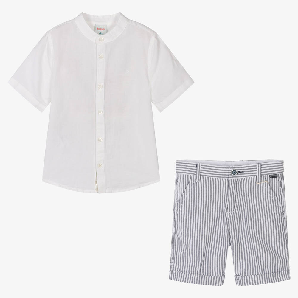 Boboli-Boys Grey Striped Cotton Shorts Set | Childrensalon Outlet