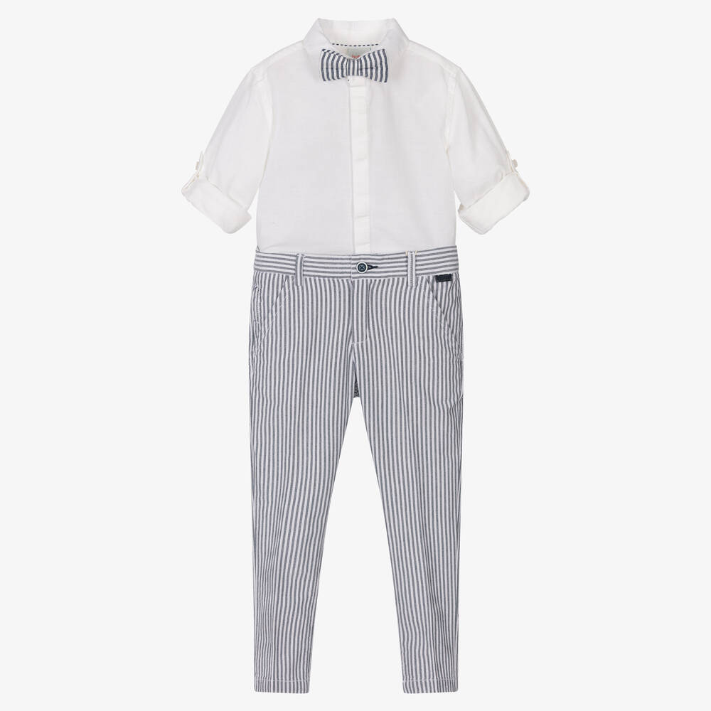 Boboli-طقم بنطلون قطن وكتان لون رمادي وأبيض للأولاد | Childrensalon Outlet