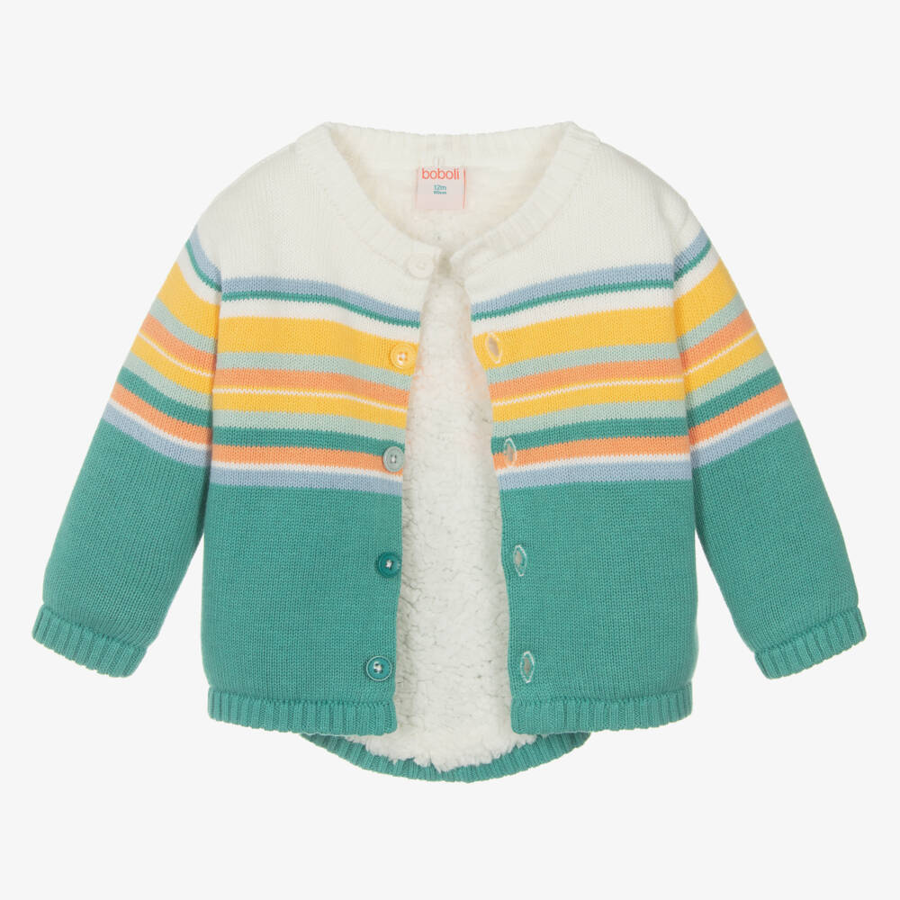 بوبولي-معطف شتوي محبوك ومقلم لون عاجي وأخضر للأطفال | Childrensalon Outlet