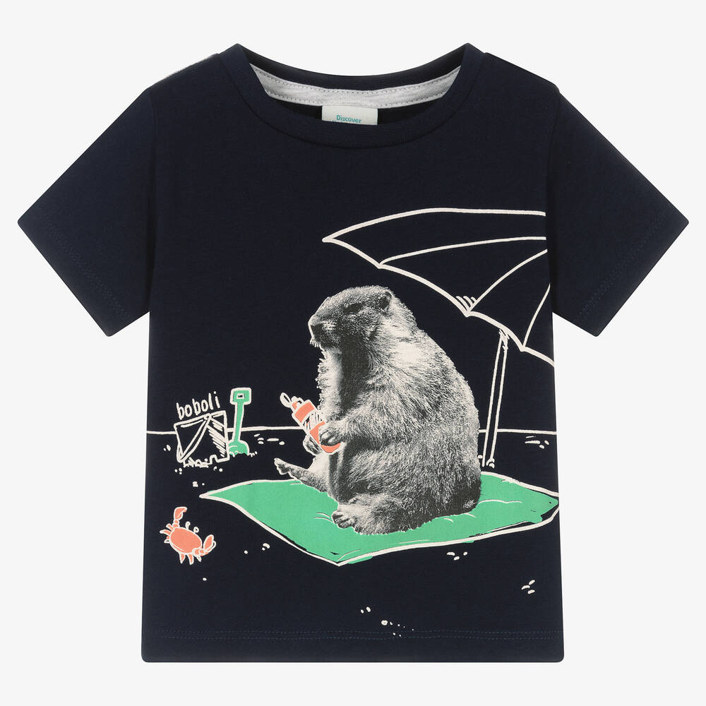 Boboli - Boys Navy Blue Beaver Print T-Shirt | Childrensalon