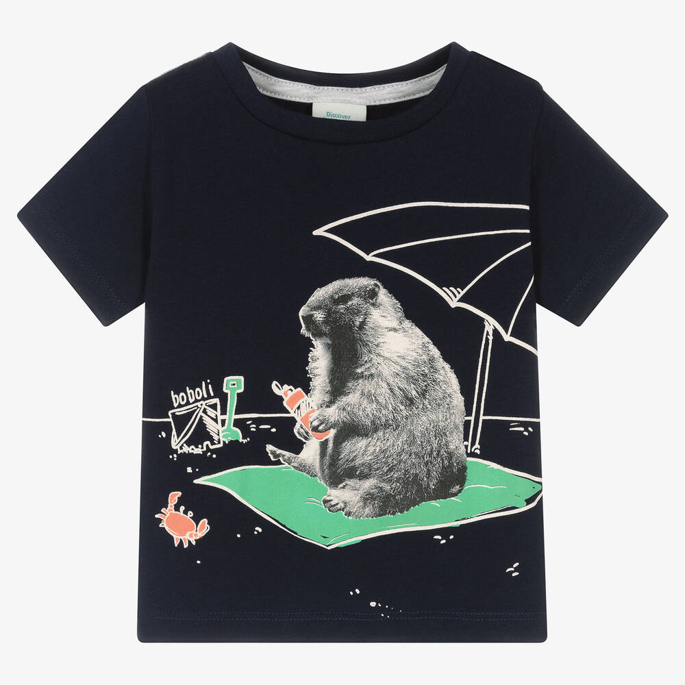 Boboli-Boys Navy Blue Beaver Print T-Shirt | Childrensalon Outlet