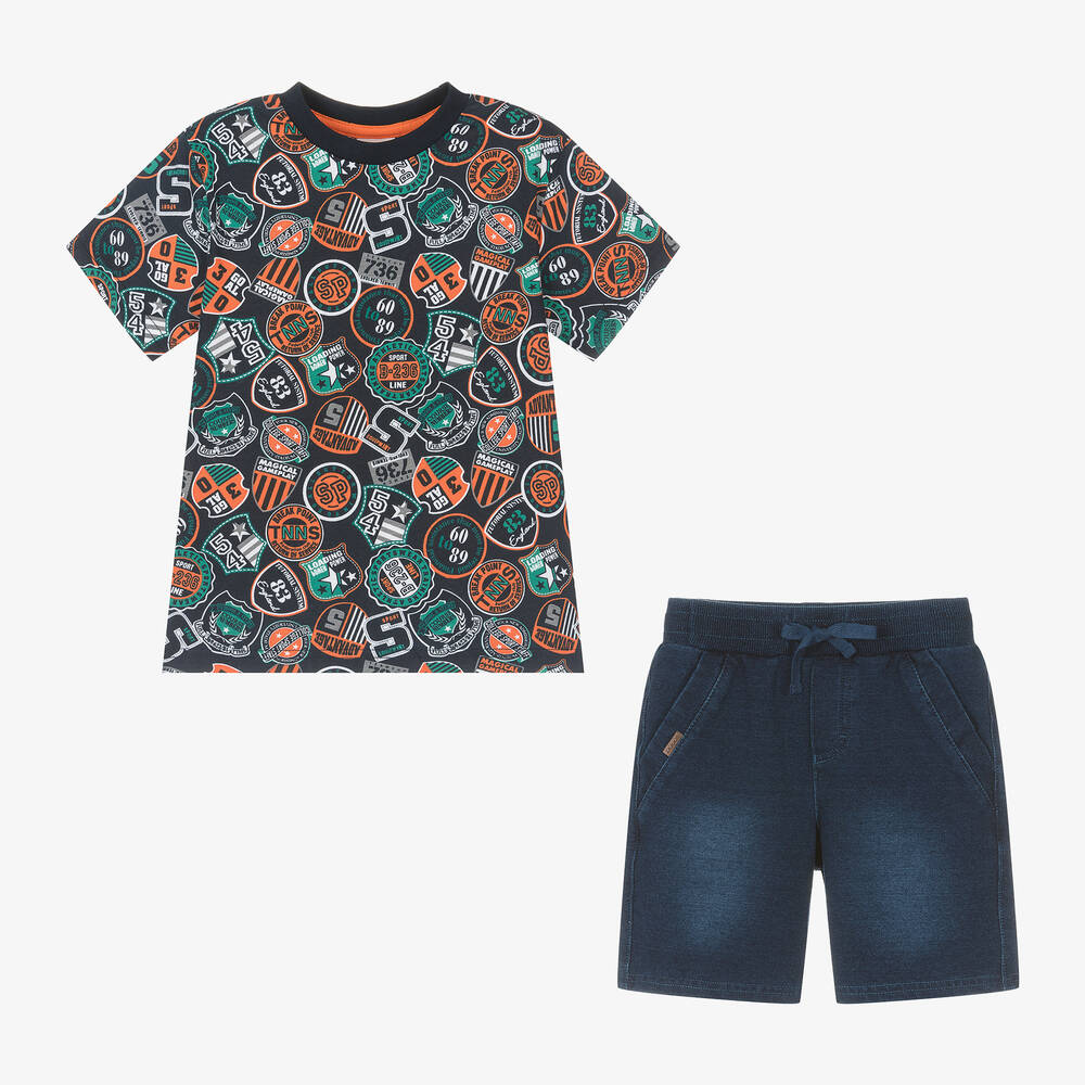 Boboli-Boys Navy Blue Cotton Badges Shorts Set | Childrensalon Outlet