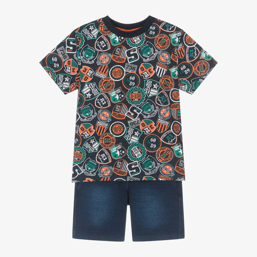 Boboli-Boys Navy Blue Cotton Badges Shorts Set | Childrensalon Outlet