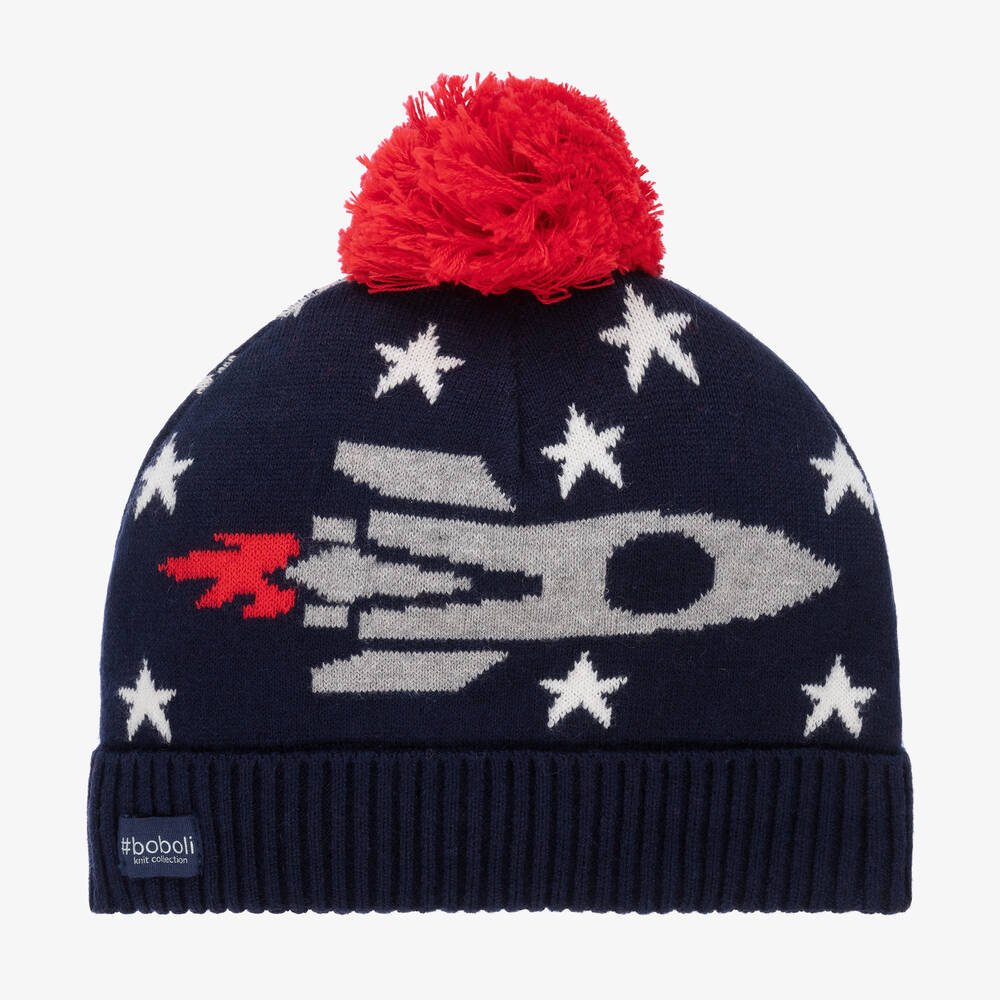 Boboli - Boys Navy Blue Knitted Rocket Bobble Hat | Childrensalon