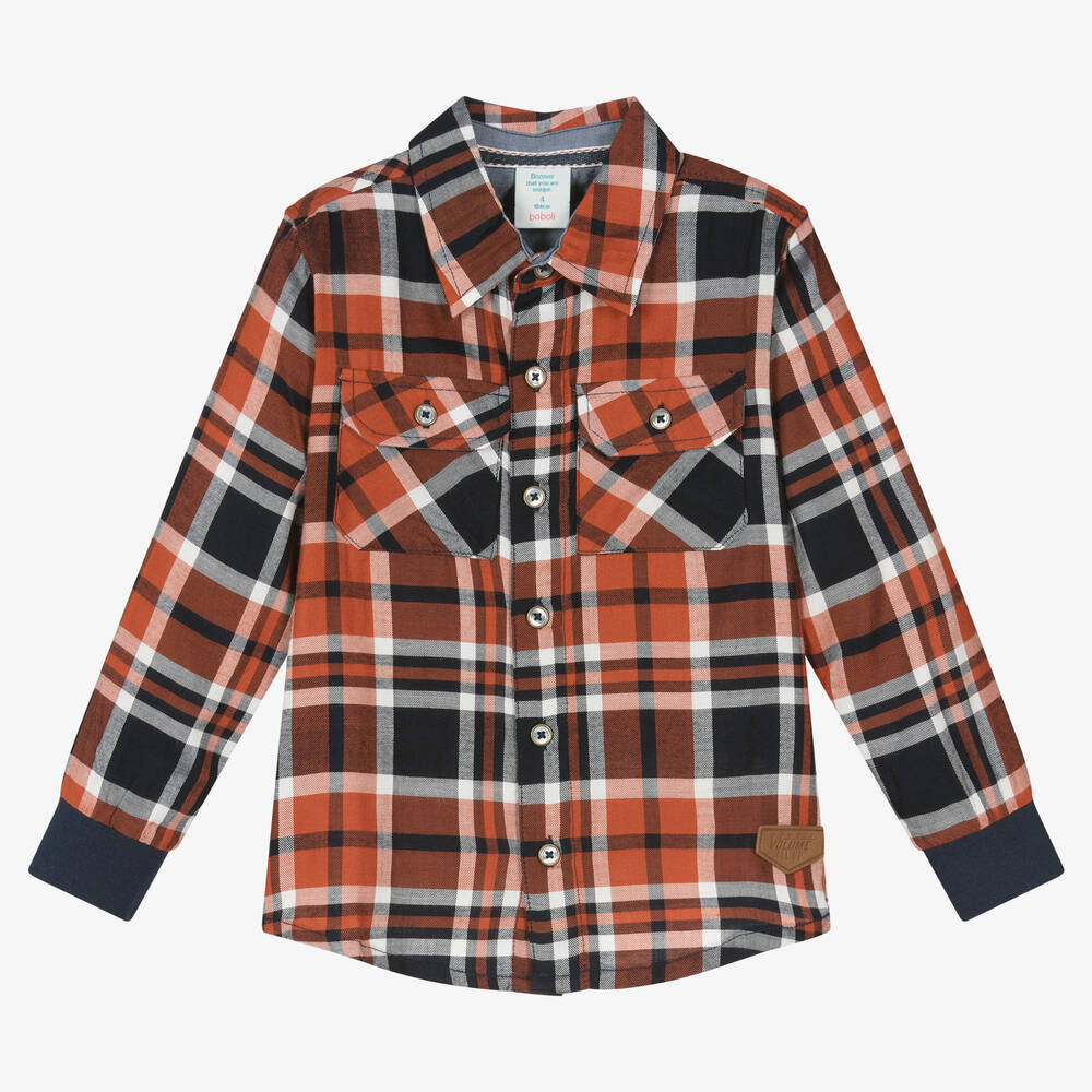 Boboli - Boys Orange & Blue Check Shirt | Childrensalon