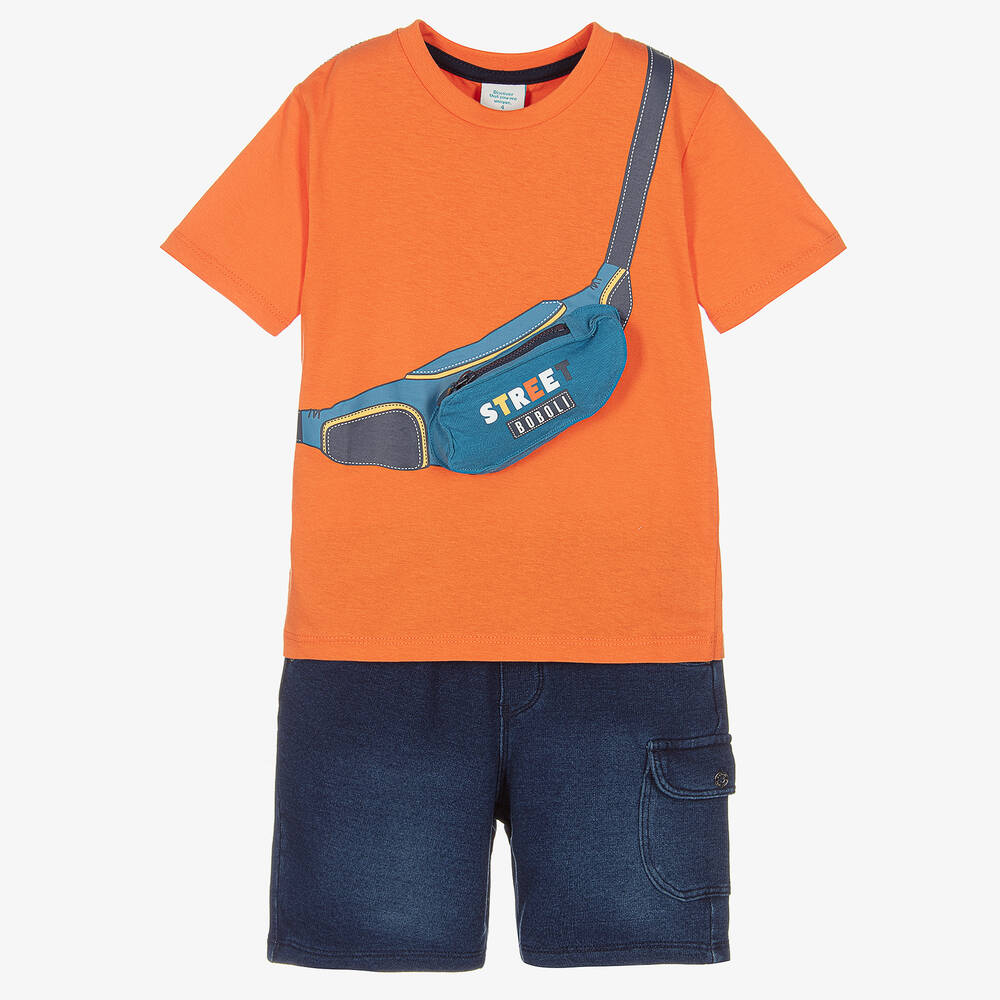 Boboli - طقم شورت قطن لون برتقالي وأزرق للأولاد | Childrensalon