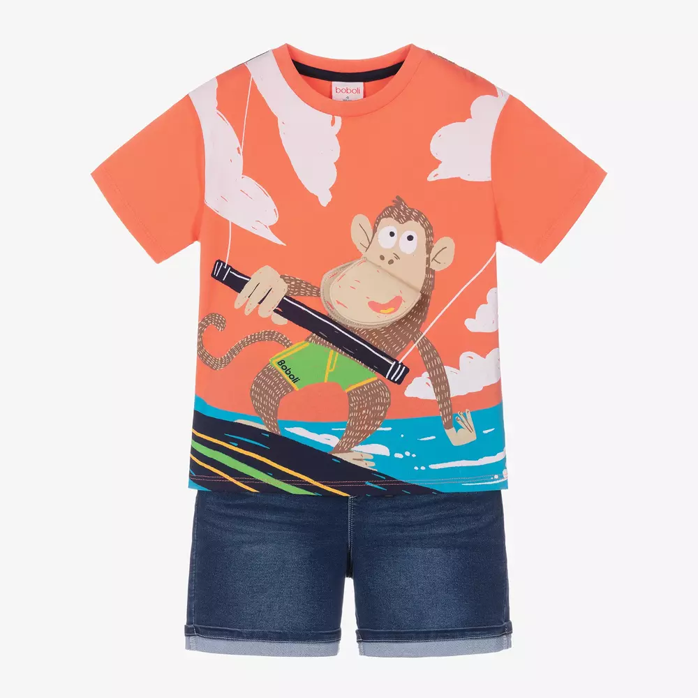 Boboli-Boys Orange & Blue Cotton Shorts Set | Childrensalon Outlet