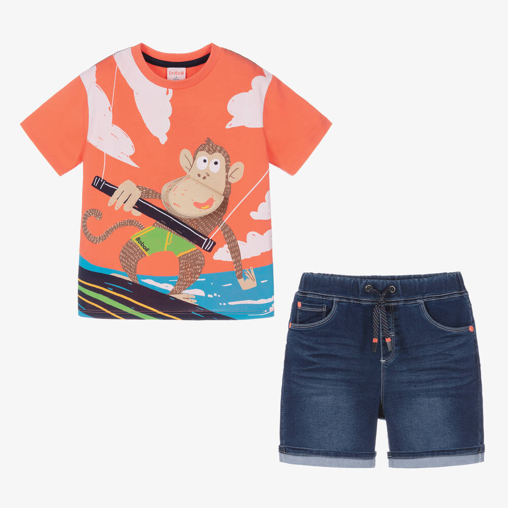 Boboli-Boys Orange & Blue Cotton Shorts Set | Childrensalon Outlet