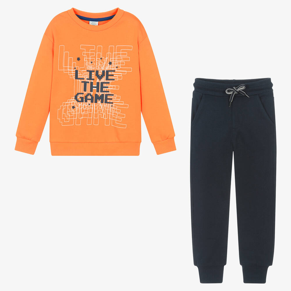 Boboli-بدلة رياضية قطن جيرسي لون برتقالي وكحلي للأولاد | Childrensalon Outlet
