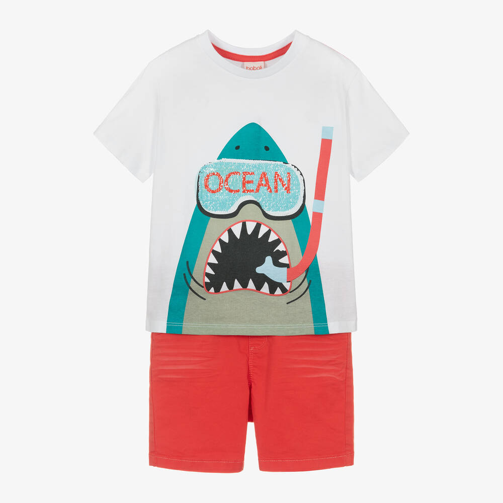 Boboli-Boys Orange Cotton Shark Shorts Set | Childrensalon Outlet
