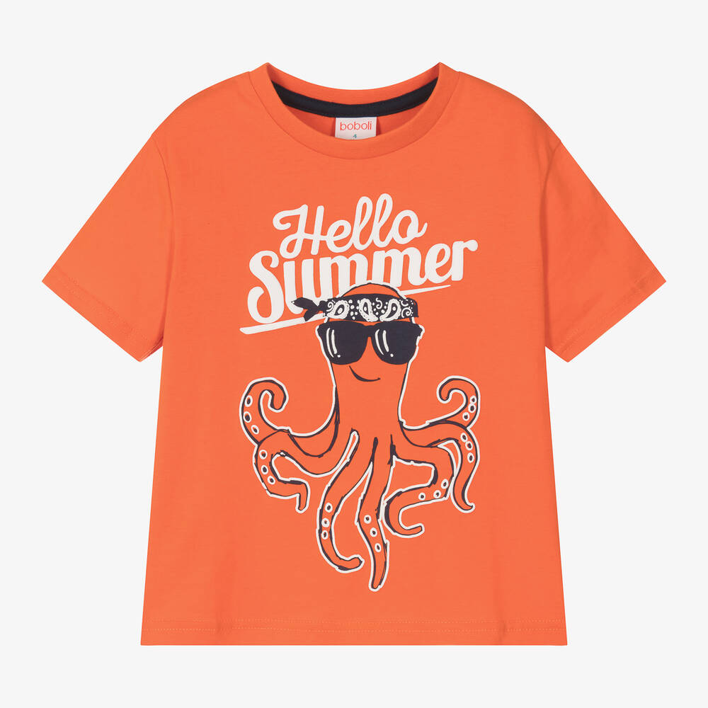 Boboli-Boys Orange Octopus Cotton T-Shirt | Childrensalon Outlet