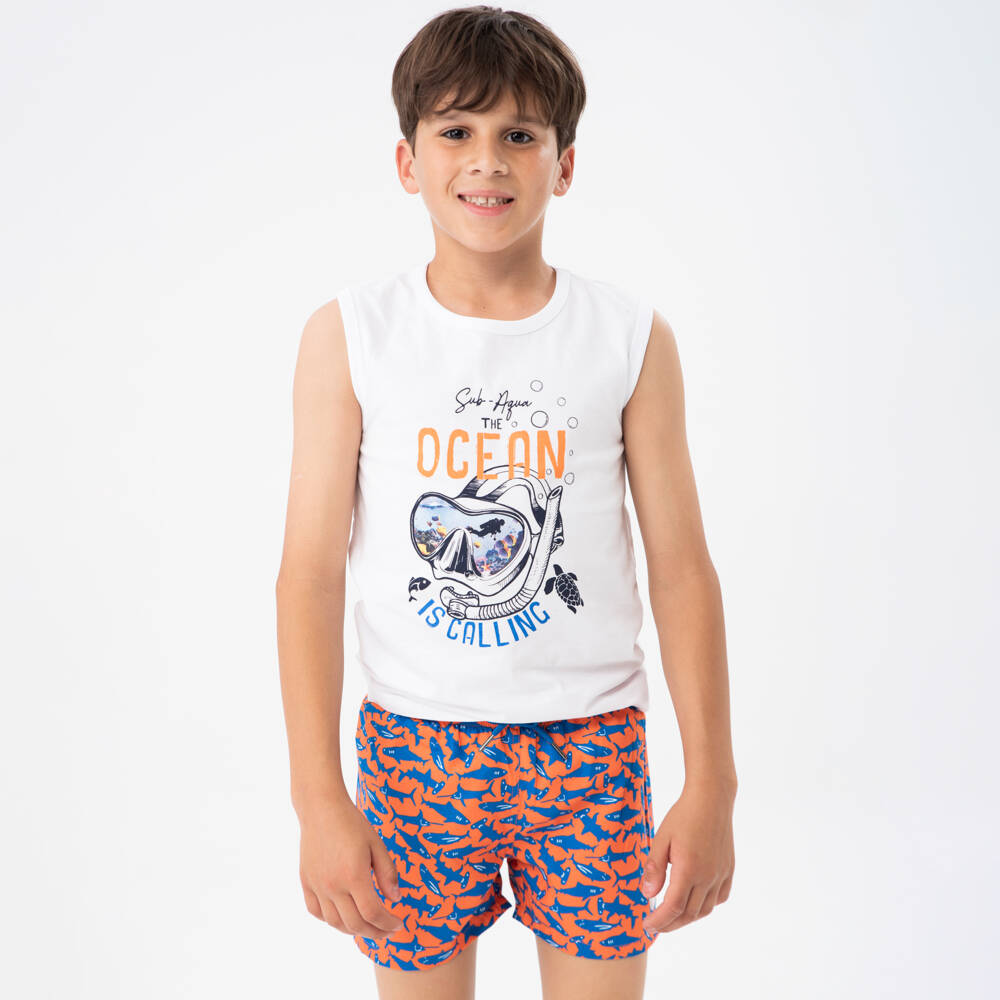 Boboli-Boys Orange Shark Print Swim Shorts | Childrensalon Outlet