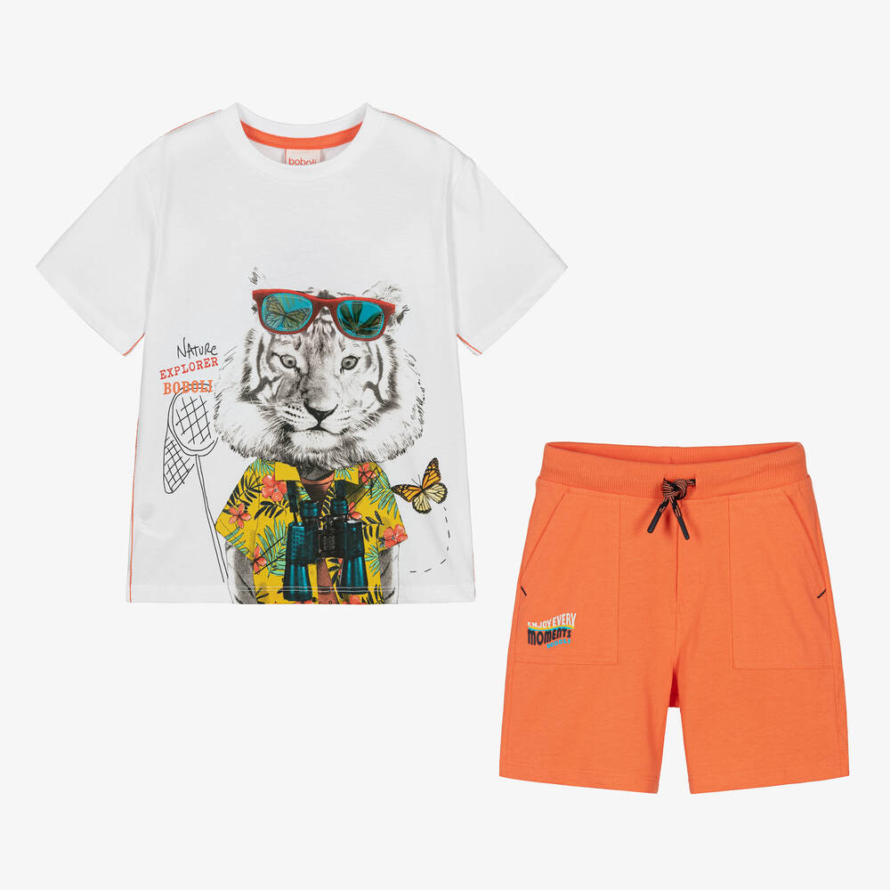 Boboli-طقم شورت قطن لون برتقالي وأبيض للأولاد | Childrensalon Outlet