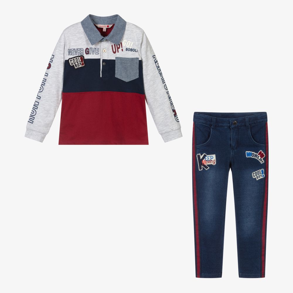 بوبولي-طقم جينز قطن جيرسي لون أحمر وأزرق للأولاد | Childrensalon Outlet