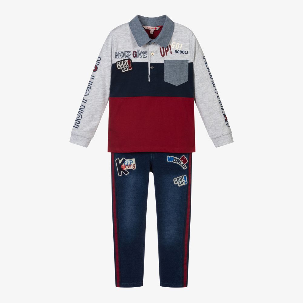 Boboli - طقم جينز قطن جيرسي لون أحمر وأزرق للأولاد | Childrensalon