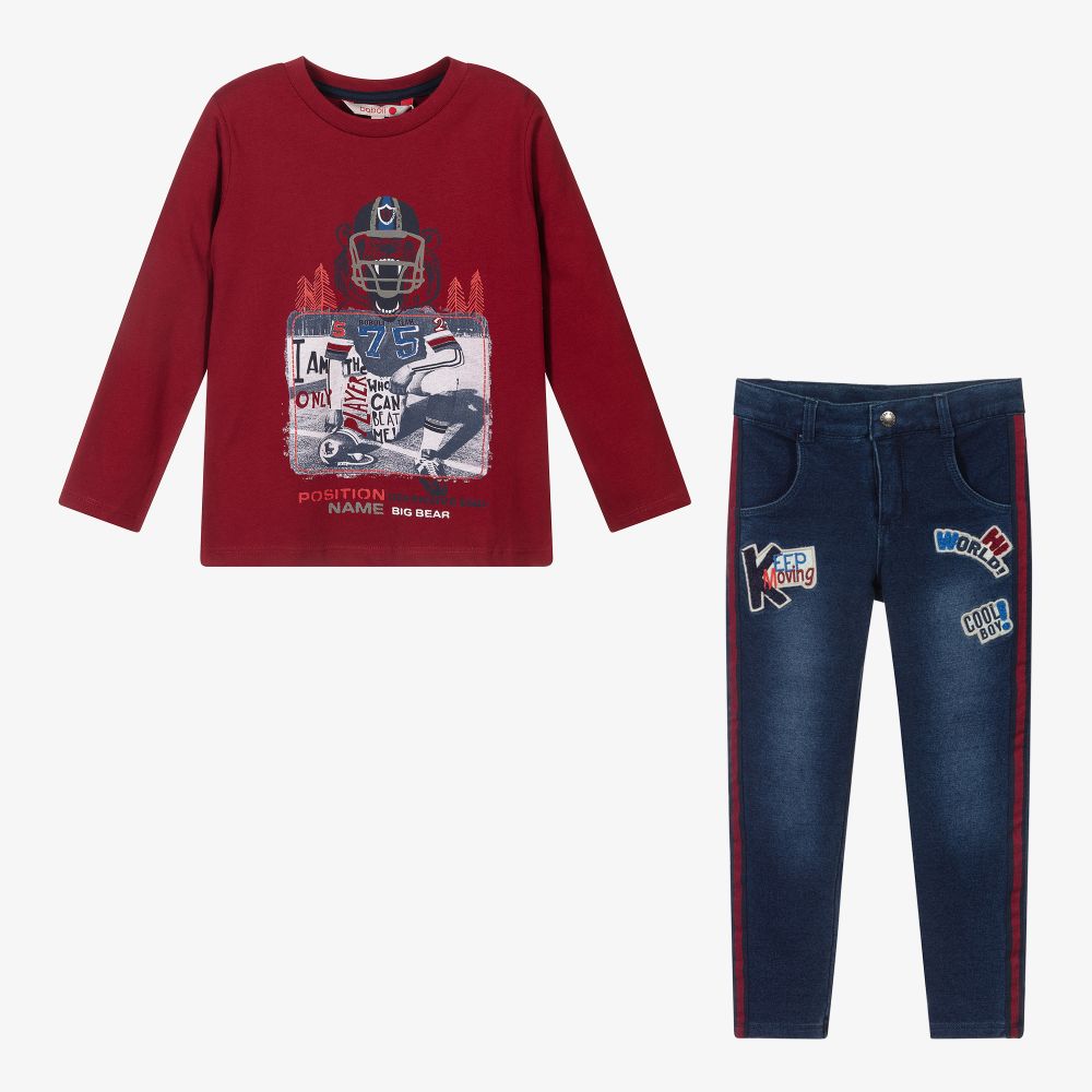 Boboli-طقم جينز قطن دنيم لون أحمر وأزرق للأولاد | Childrensalon Outlet