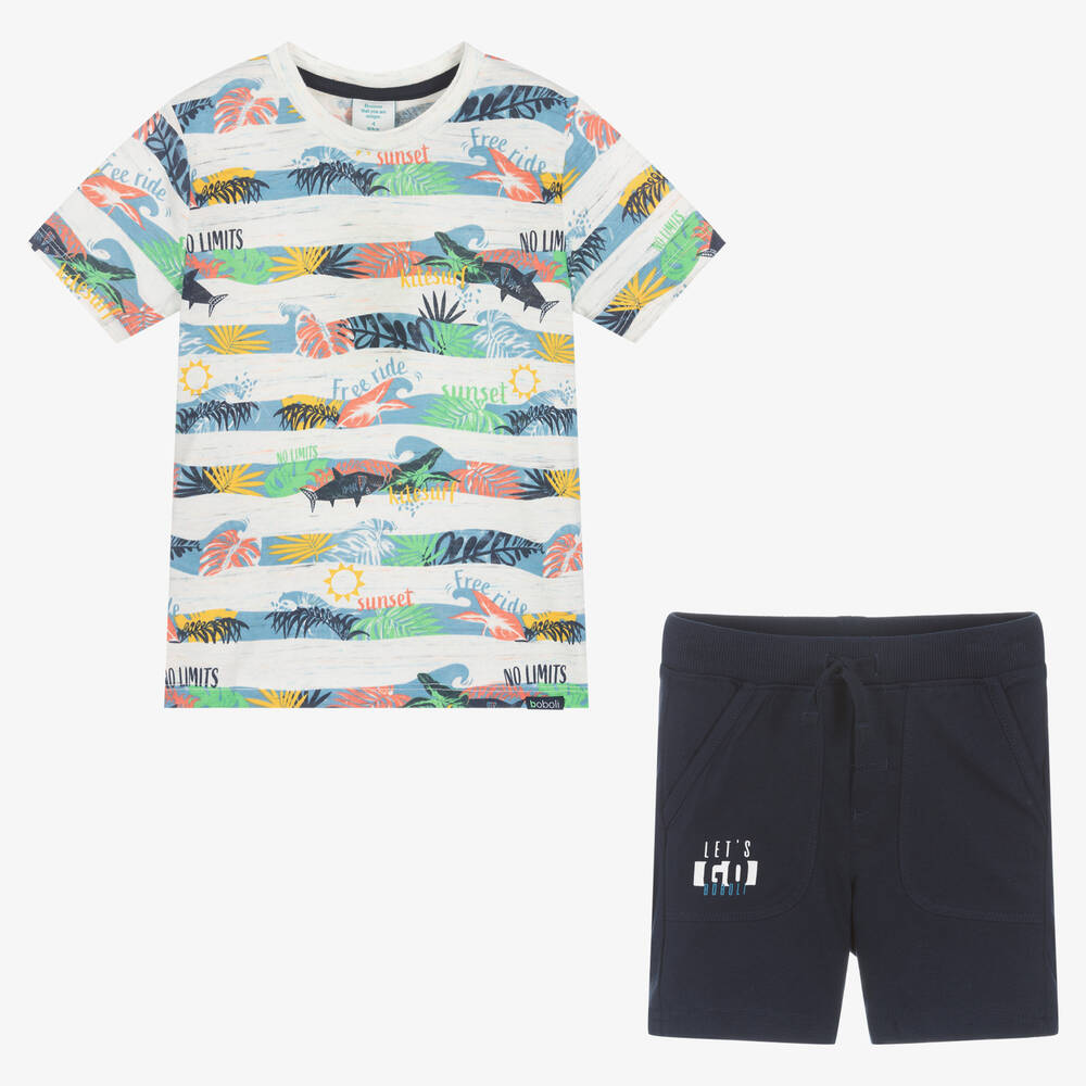 Boboli-Boys Striped Top & Blue Shorts Set | Childrensalon Outlet
