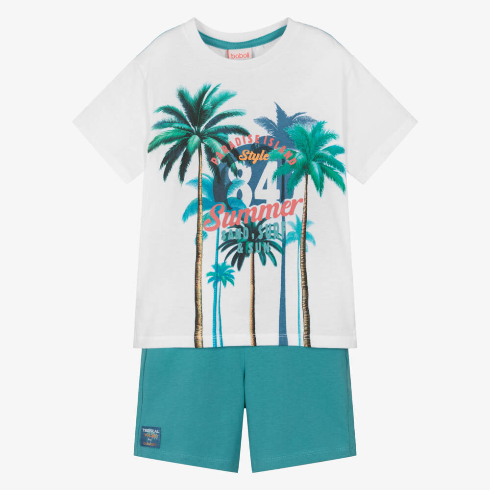 Boboli-طقم شورت بارادايس بلون أزرق مخضر للأولاد | Childrensalon Outlet