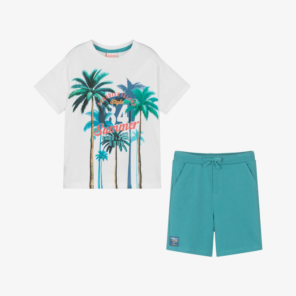 Boboli-طقم شورت بارادايس بلون أزرق مخضر للأولاد | Childrensalon Outlet
