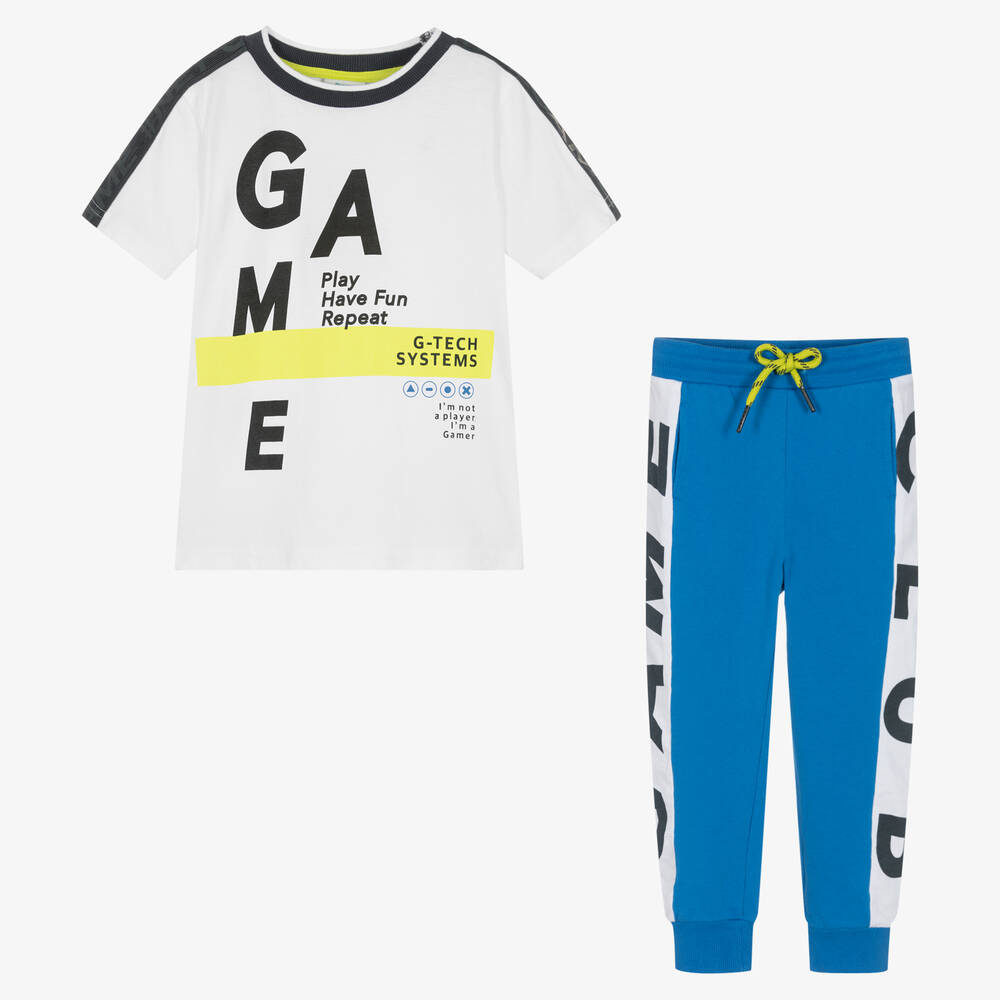 Boboli-Boys White & Blue Cotton Gaming Joggers Set | Childrensalon Outlet