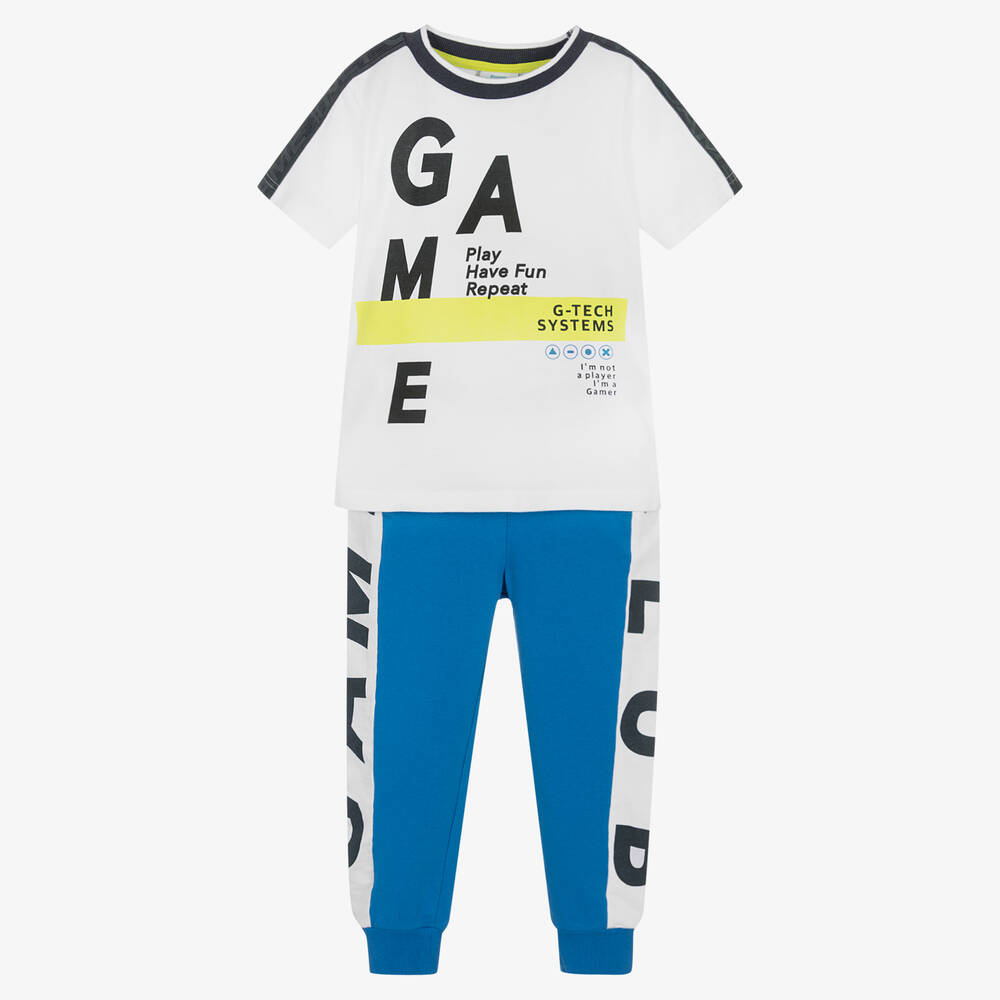 Boboli - Boys White & Blue Cotton Gaming Joggers Set | Childrensalon