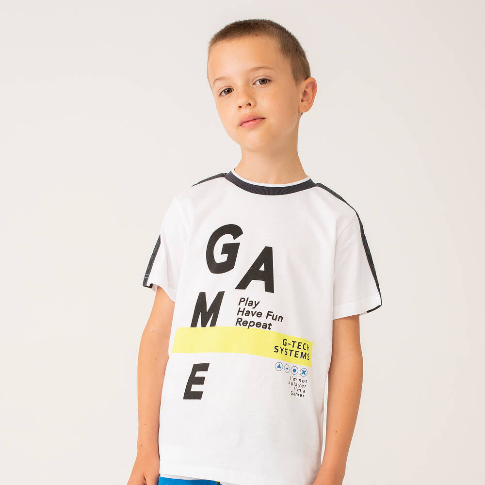 Boboli-Boys White & Blue Cotton Gaming Joggers Set | Childrensalon Outlet