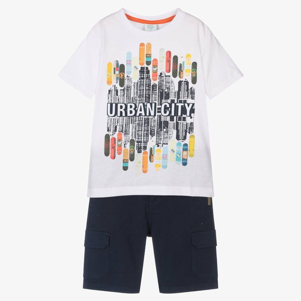 Boboli - Белая футболка и синие шорты из хлопка | Childrensalon
