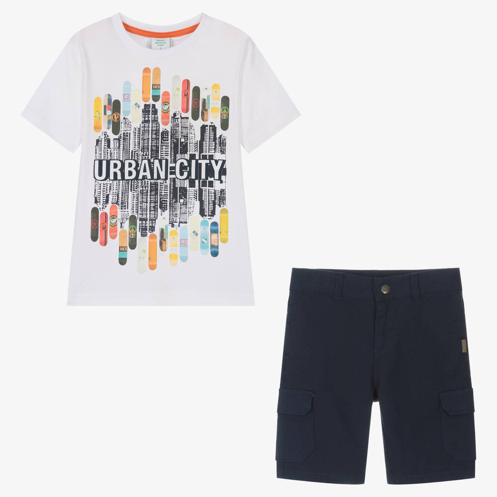 Boboli-Boys White & Blue Cotton Surfboard Shorts Set | Childrensalon Outlet