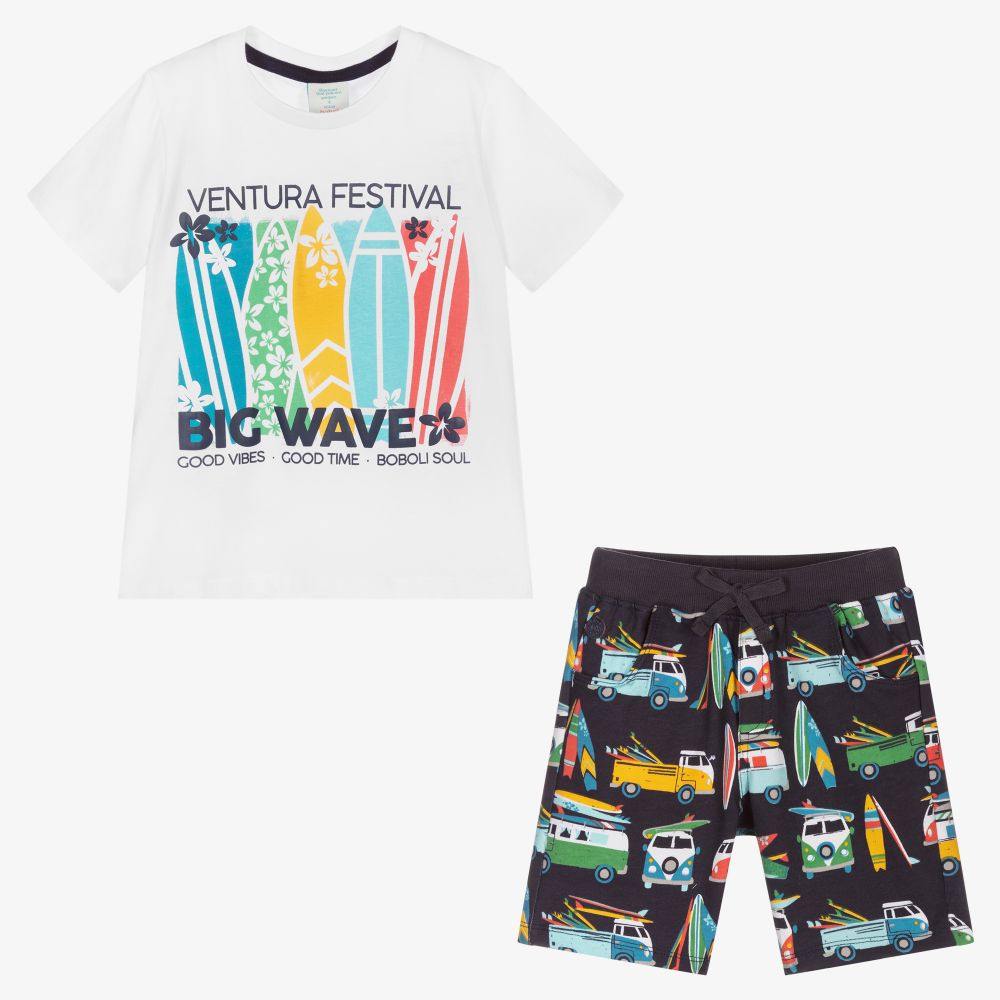 Boboli-Boys White & Blue Shorts Set  | Childrensalon Outlet