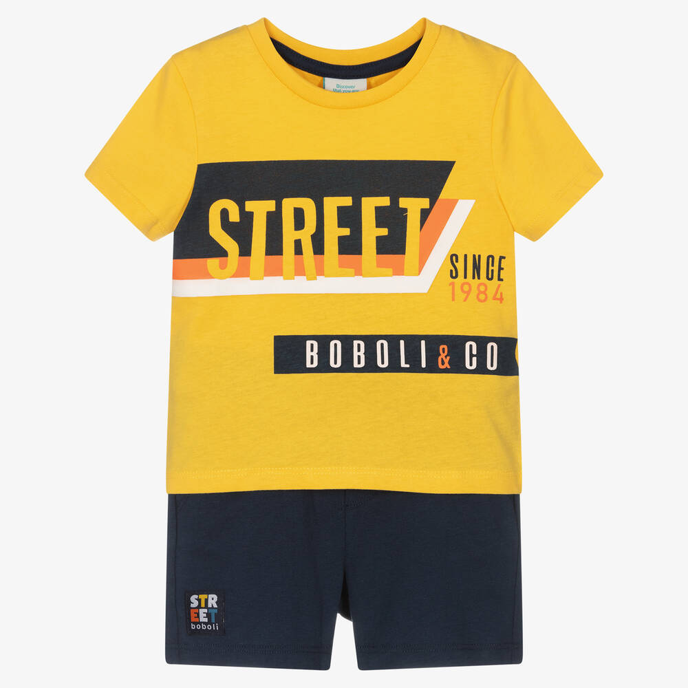 Boboli - Желтая футболка и синие шорты из хлопка | Childrensalon