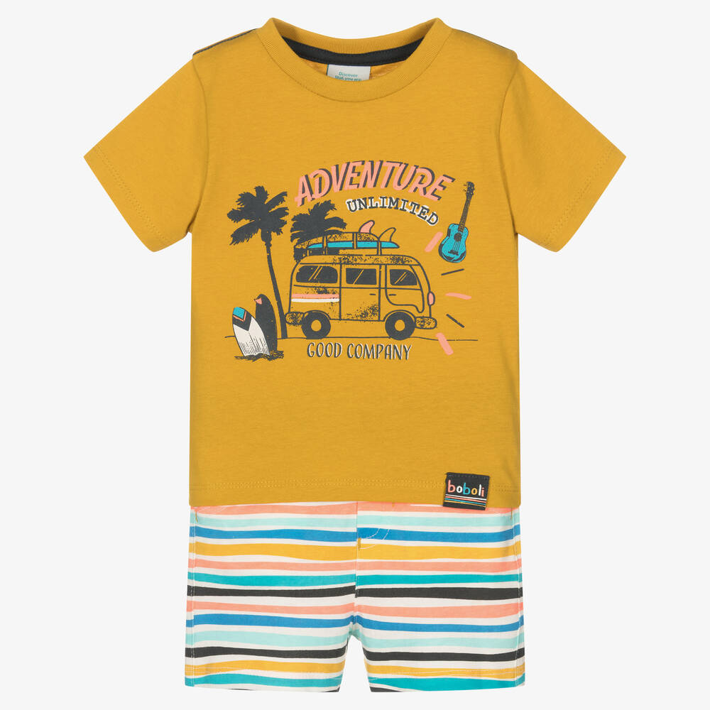Boboli - Желтая футболка и шорты в полоску из хлопка | Childrensalon