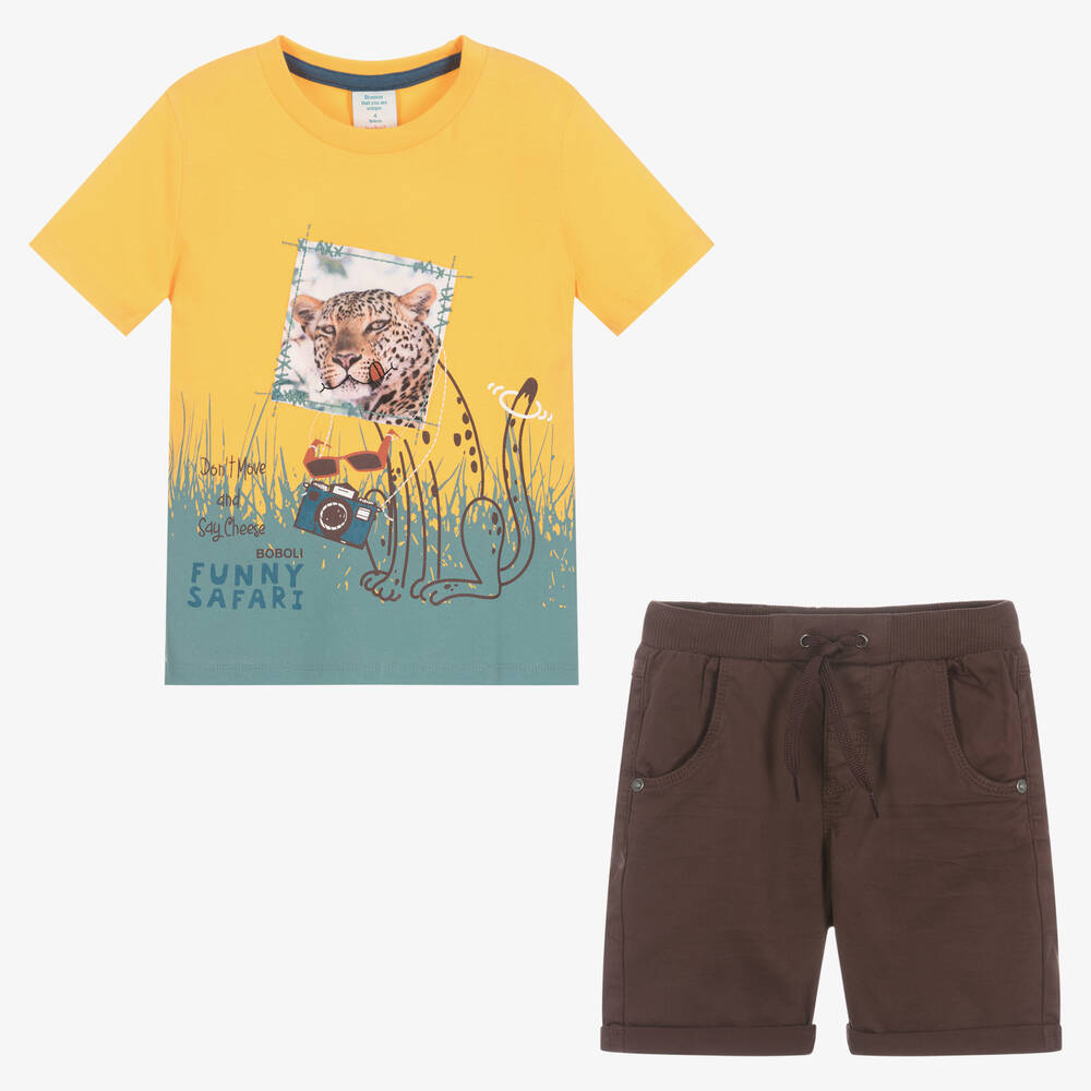Boboli-Boys Yellow Top & Brown Shorts Set | Childrensalon Outlet