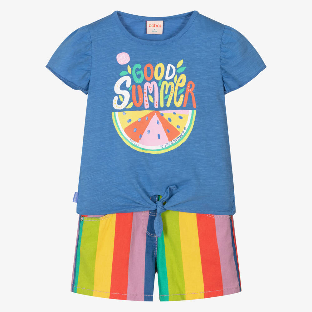 Boboli-Girls Azure Striped Shorts Ensemble | Childrensalon Outlet