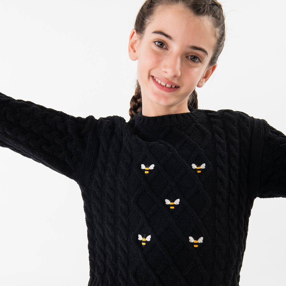 Boboli-Girls Black Bee Cable Knit Jumper | Childrensalon Outlet