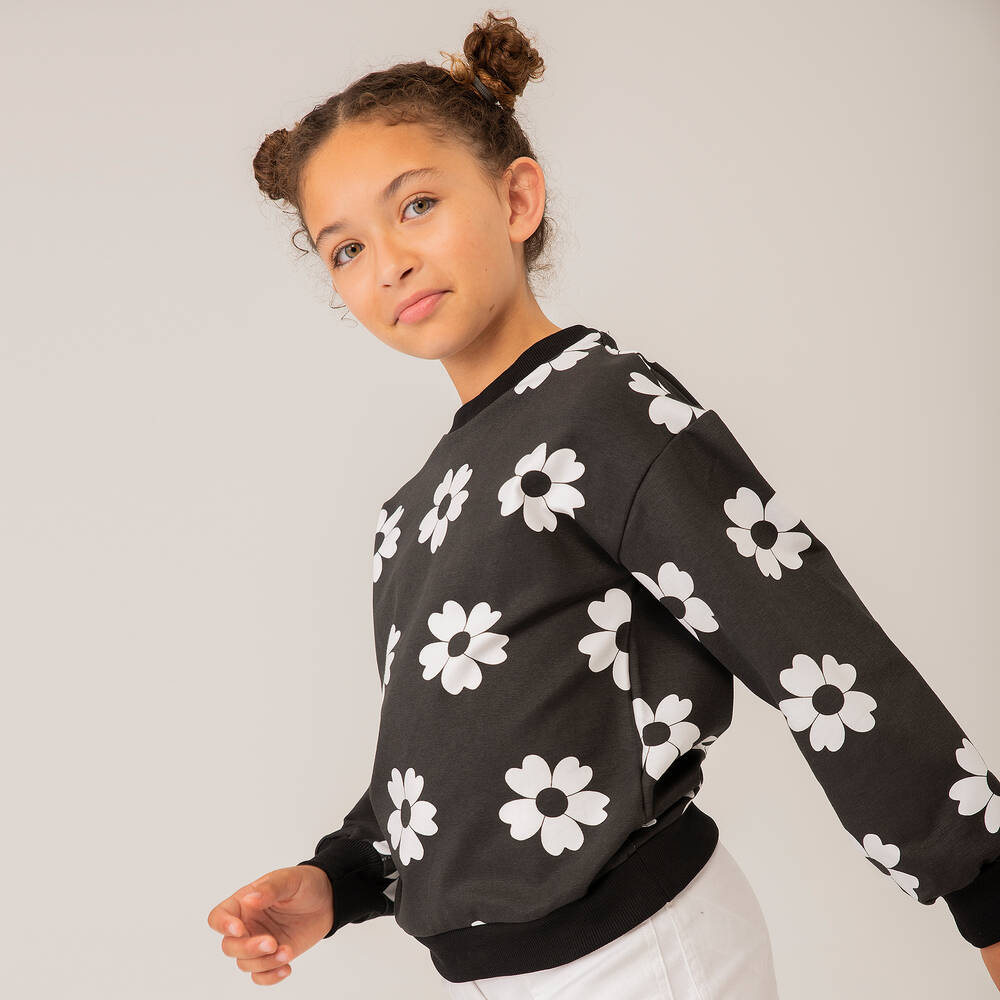 Boboli-Girls Black Cotton Flower Sweatshirt | Childrensalon Outlet