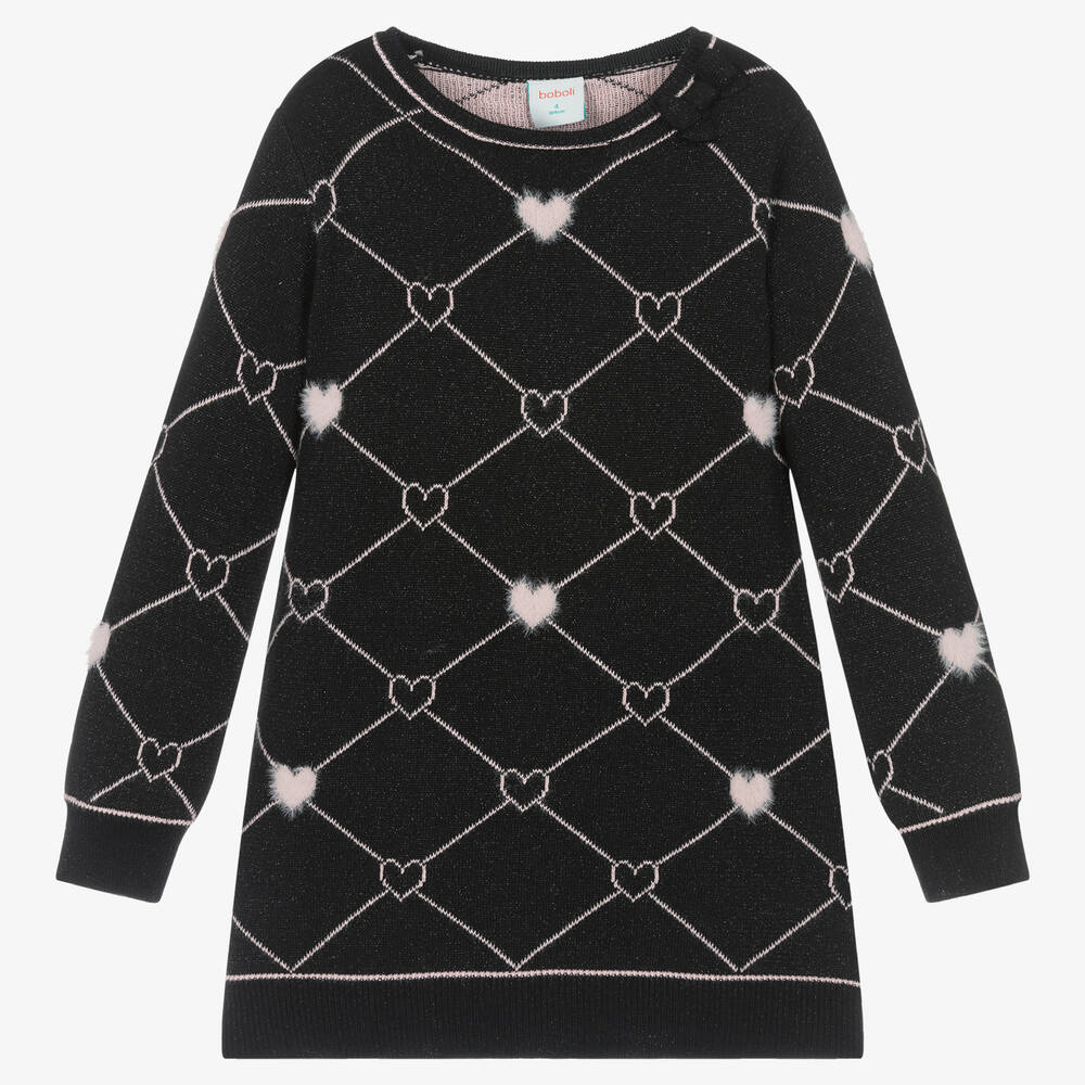 Boboli-Черное трикотажное платье с сердечками | Childrensalon Outlet