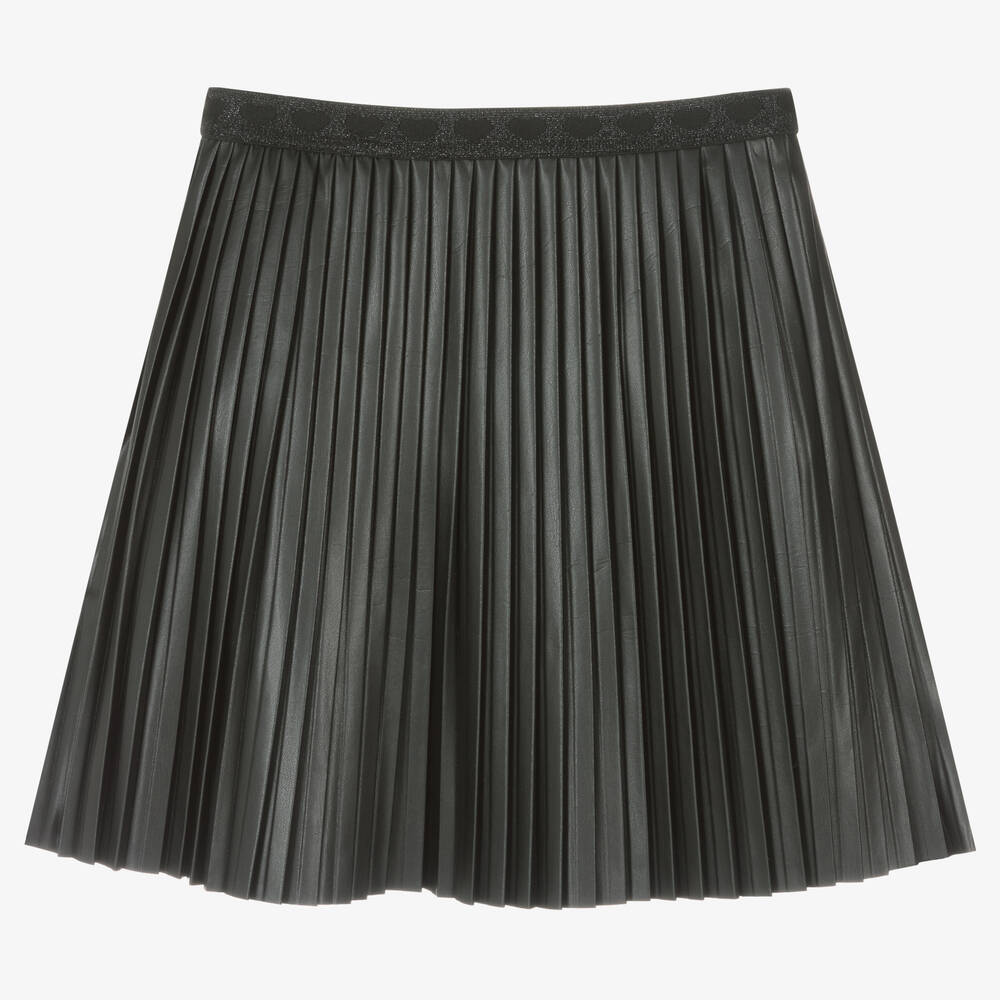 Boboli - Girls Black Pleated Faux Leather Skirt | Childrensalon