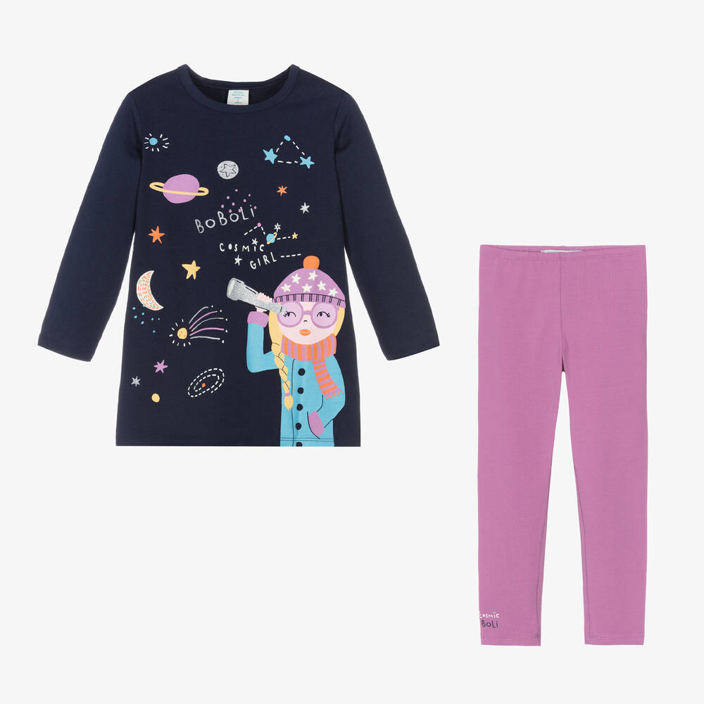 Boboli-Girls Blue Cotton Dress & Leggings Set | Childrensalon Outlet