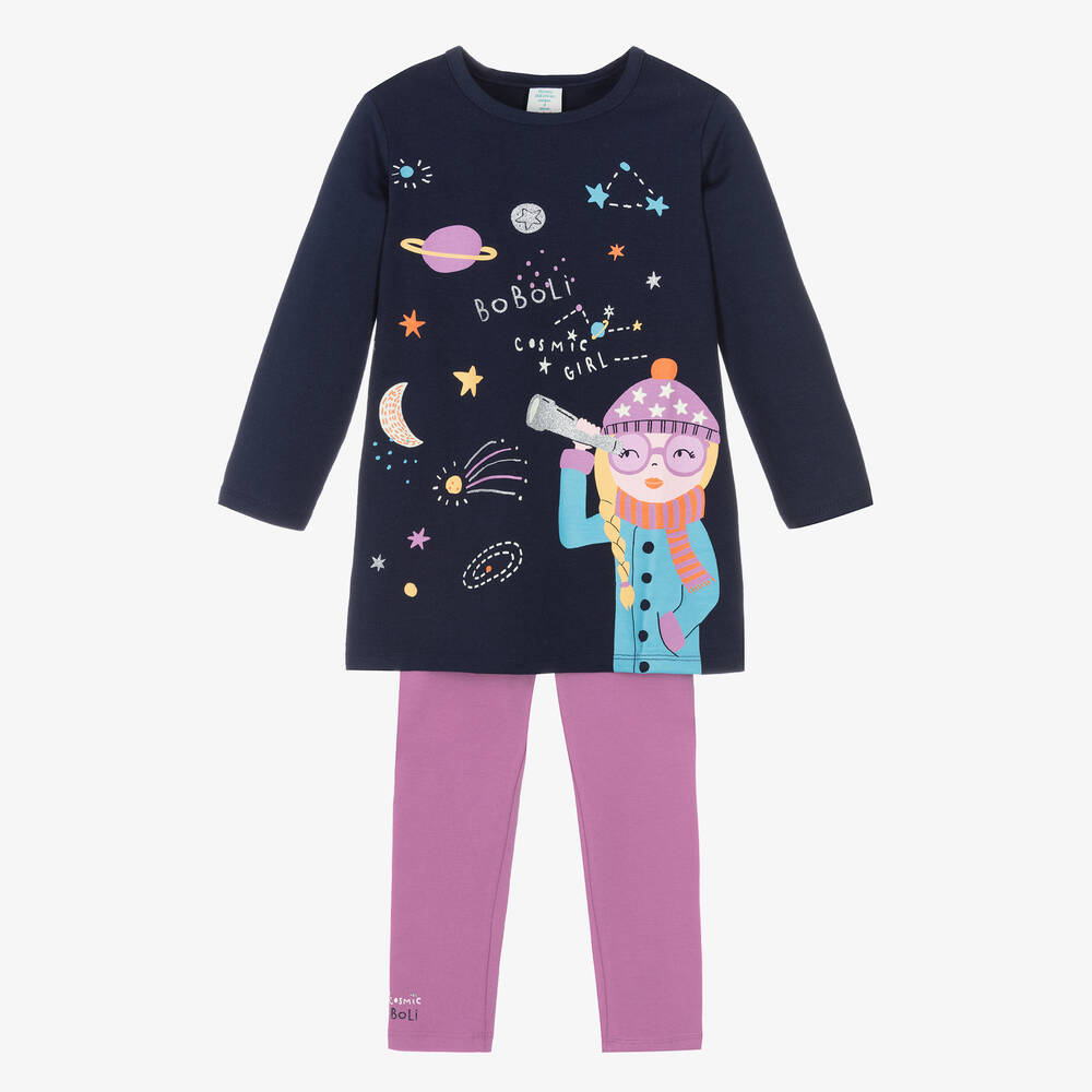 Boboli - Girls Blue Cotton Dress & Leggings Set | Childrensalon