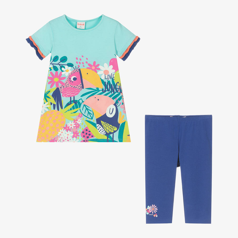 Boboli-Girls Blue Cotton Floral Bird Dress Set | Childrensalon Outlet