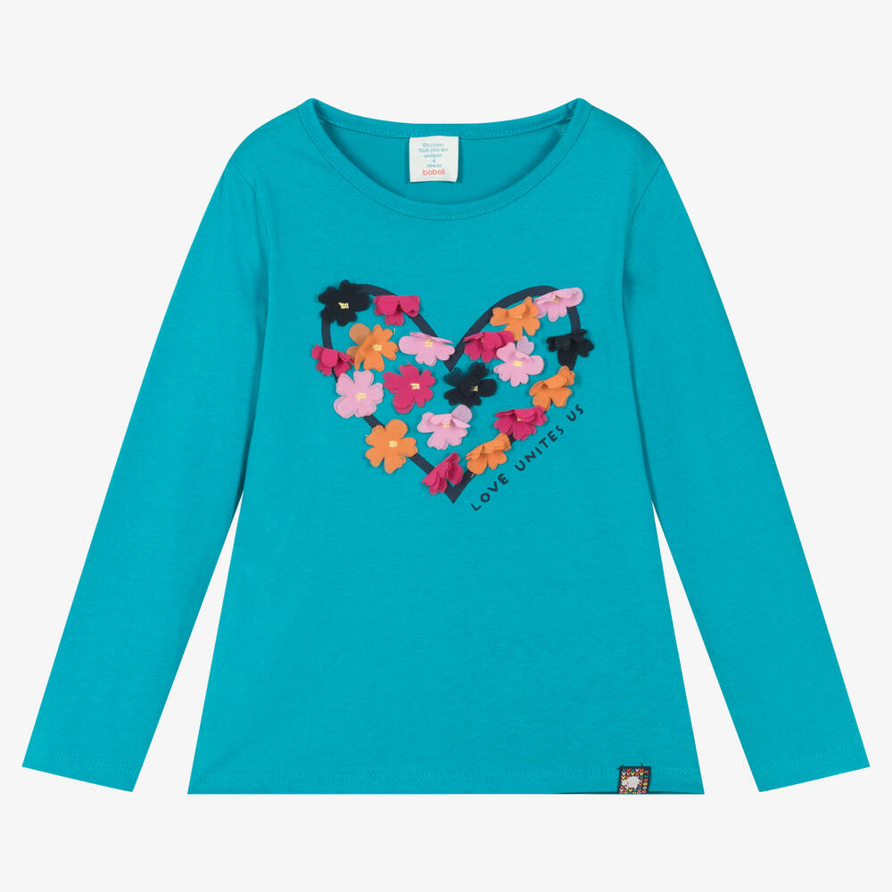 Boboli - Haut bleu en coton cœur à fleurs | Childrensalon