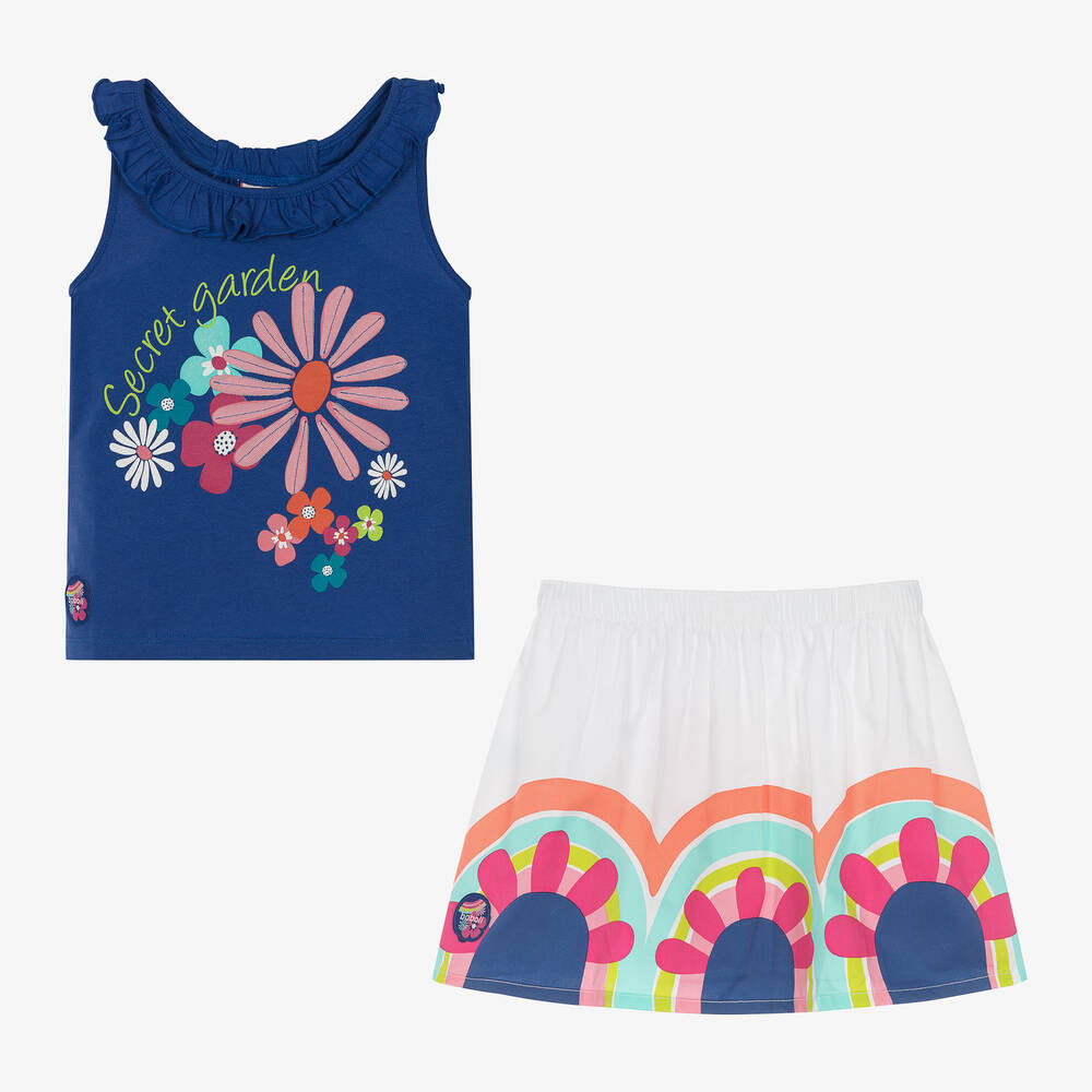 Boboli-Girls Blue Cotton Top & Skirt Set | Childrensalon Outlet