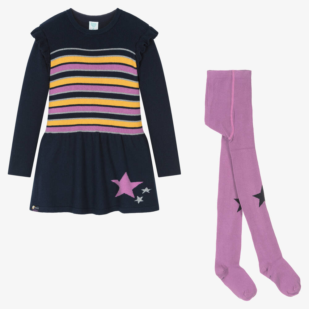 Boboli - Girls Blue Dress & Purple Leggings Set | Childrensalon