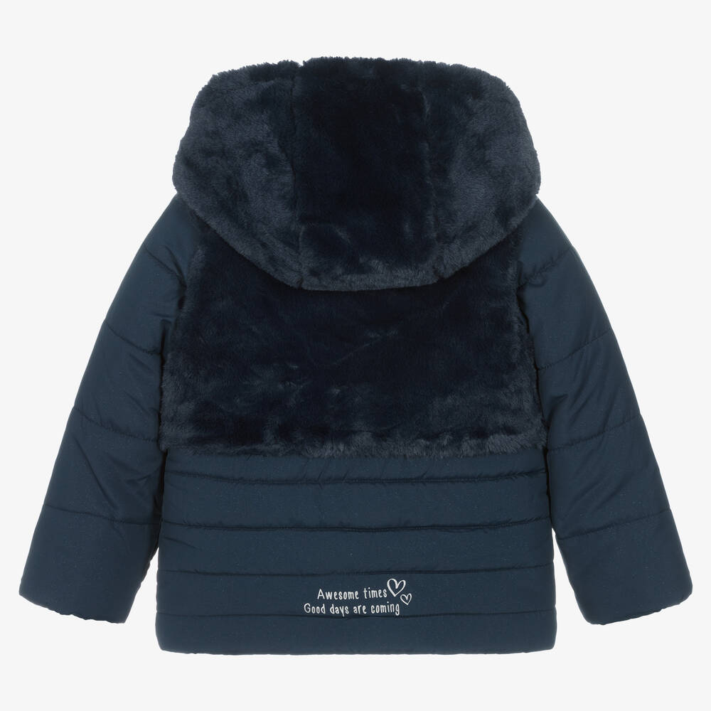Boboli-Girls Blue Faux Fur Puffer Coat | Childrensalon Outlet