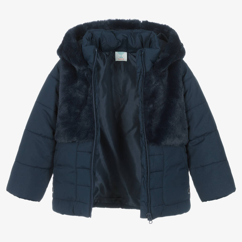 Boboli-Girls Blue Faux Fur Puffer Coat | Childrensalon Outlet