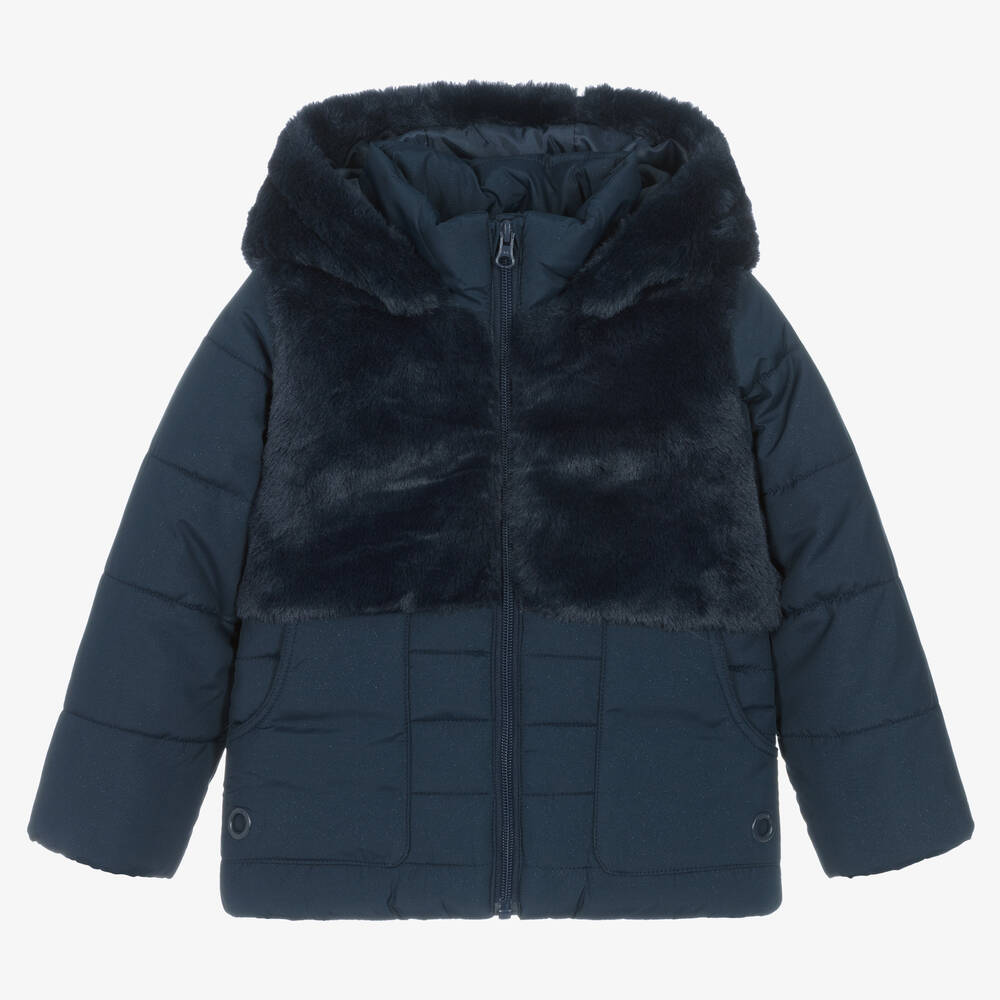 Boboli - Girls Blue Faux Fur Puffer Coat | Childrensalon